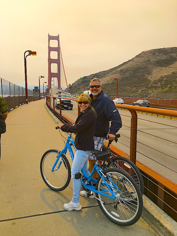 Mike and Susan from RVBlogger getting ready to ride their bikes across the Golden Gate Bridge