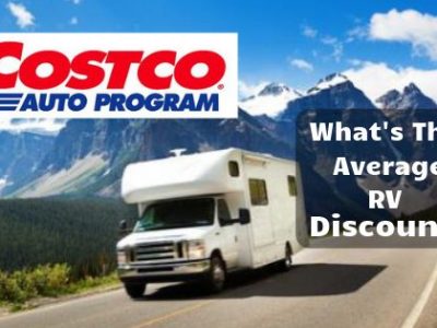 costoc logo with an RV and mountains in the background that says "average discount when buying an RV at Costco