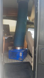 We had our Class C RV pressure tested for Roof leaks with this giant fan inside the RV