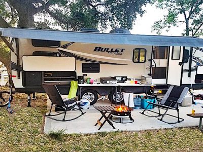 Travel Trailer with RV accessories and supplies