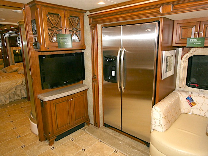 side by side residential refrigerator with an ice maker in an RV