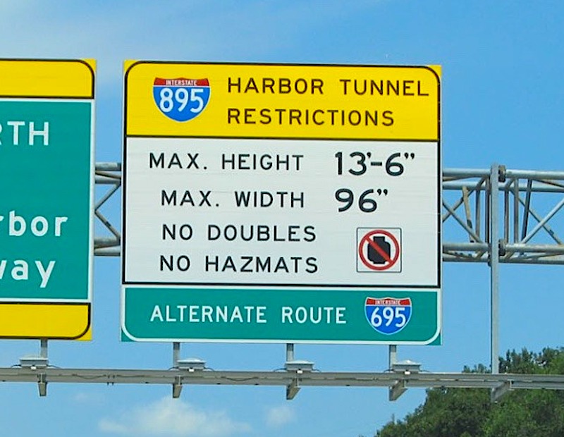 Tunnel restriction sign for the Baltimore Harbor tunnel