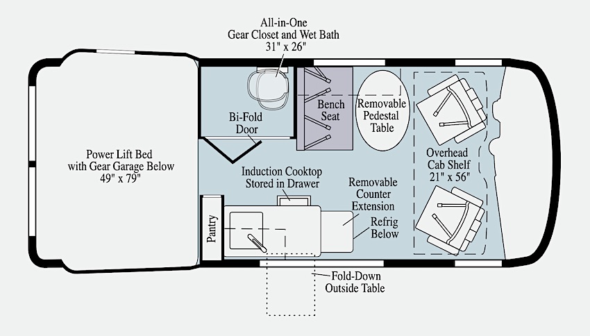 Winnebago Revel Camper Van Floor Plan with Bathroom and Shower