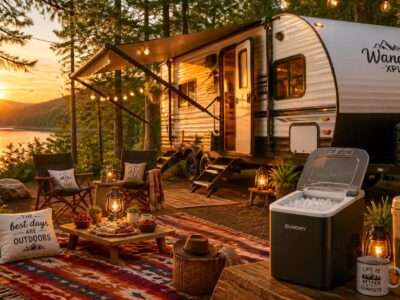 Beautifil lakeside campsite at sunset with travel trailer camping items and an ice maker