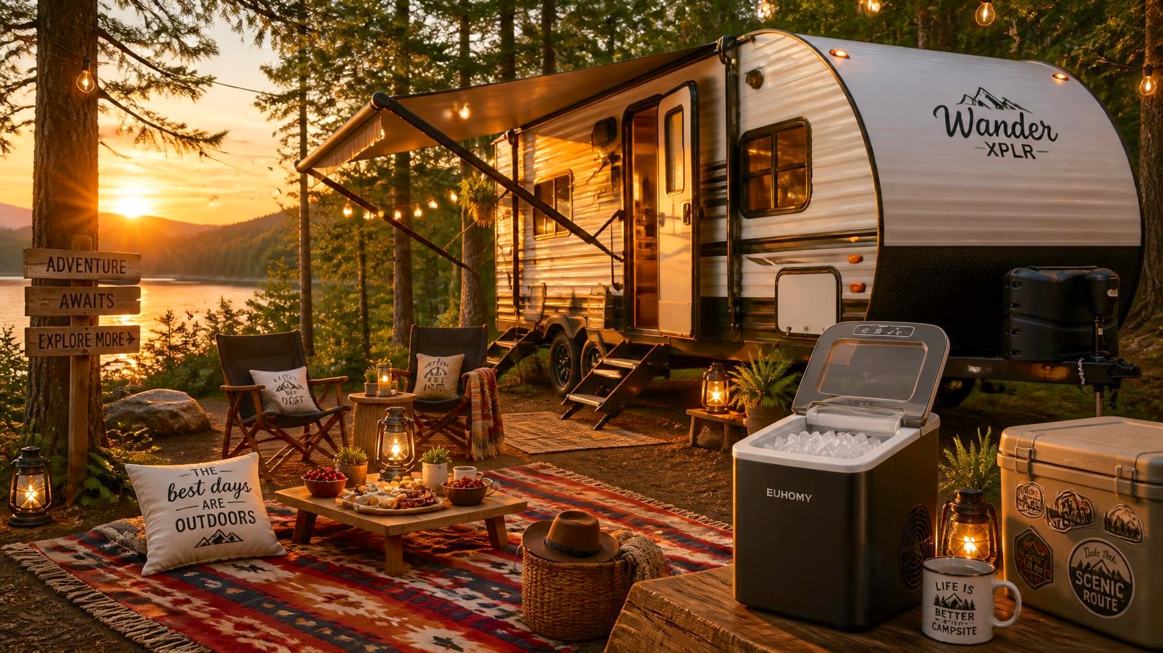 Beautifil lakeside campsite at sunset with travel trailer camping items and an ice maker