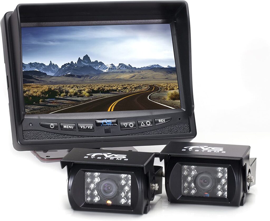 rear view safety backup camera system for RV and travel trailer with two cameras