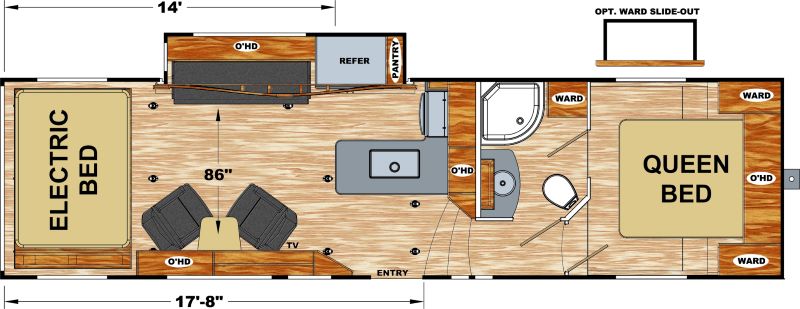 Eclipse Iconic 2814SG Floorplan the electric rear bed makes the rear of this short fifth-wheel toy hauler spacious 