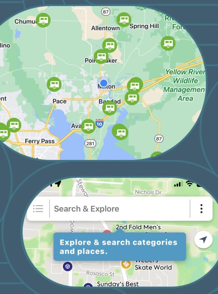 RV Trip Planning App screen shot showing planned route and campgrounds