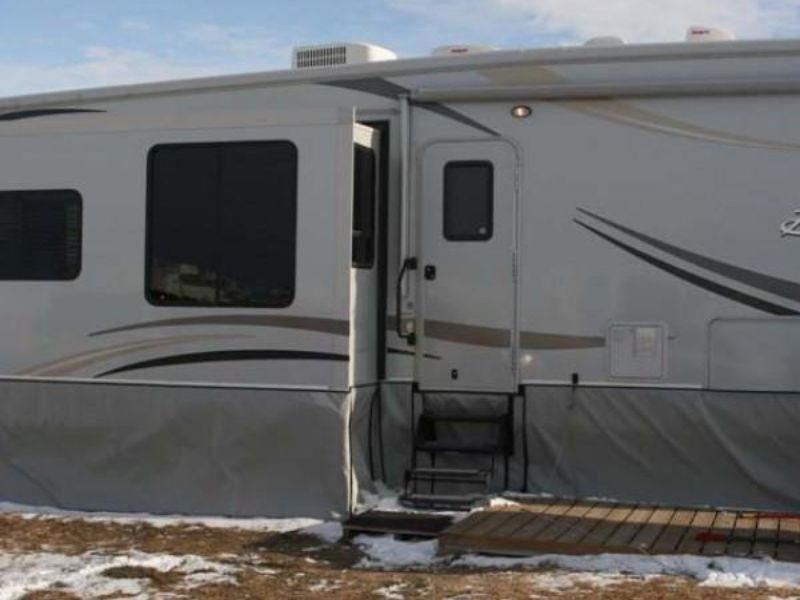 Travel trailer with vinyl RV skirting around the bottom and snow on the ground