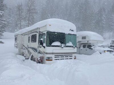 Motorhome covered in snow