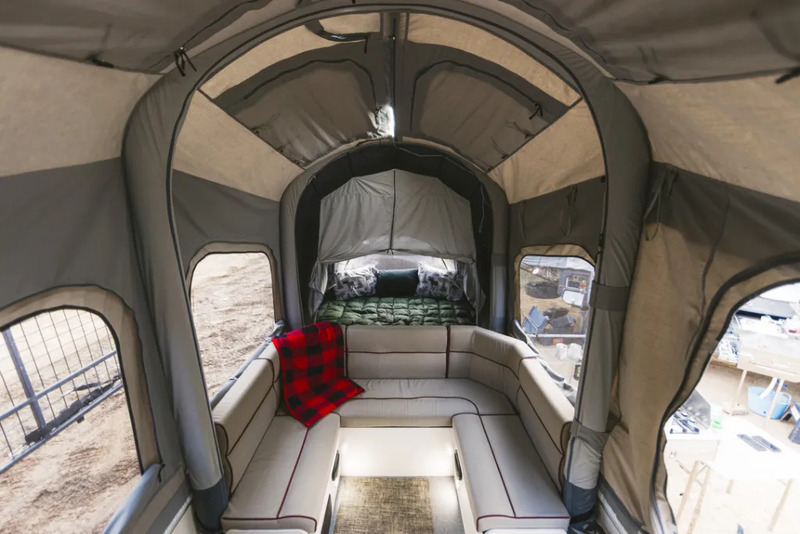 Inside view of one of the best pop up campers with a toy hauler.
