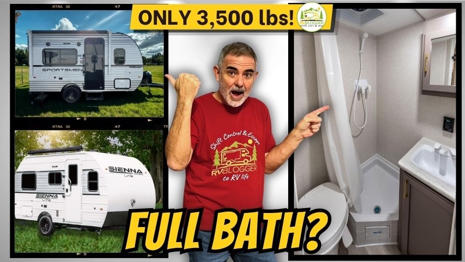 mike pointing over his shoulder at 2 small travel trailers under 3500 lbs