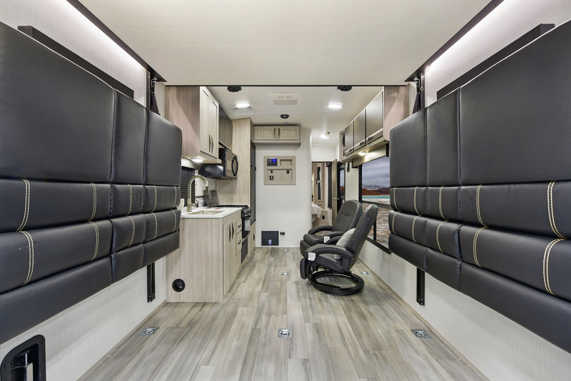 Cruiser RV Stryker ST2314 interior with garage area bunks in the up position