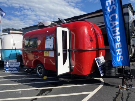 Red Cortes travel trailer is one of the newest fiberglass travel trailers