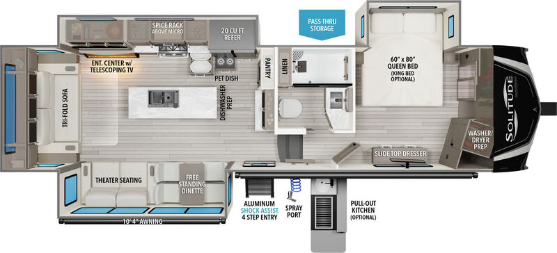 Grand Design Solitude 310GK floor plan showing the washer and dryer location