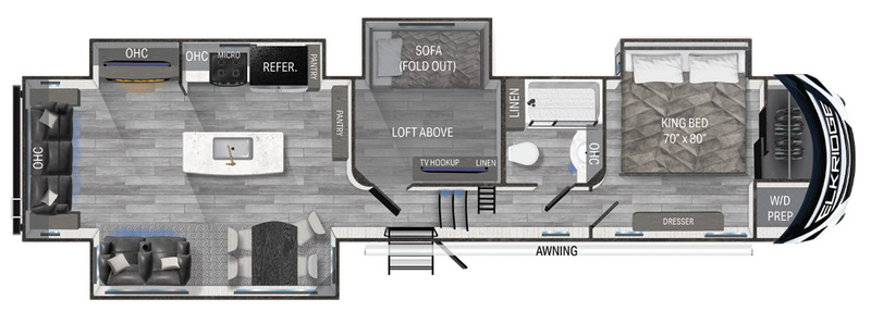 Heartland Elkridge 38MB floor plan showing washer and dryer location