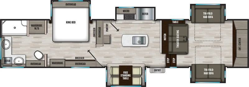 Shasta Phoenix 334FL floor plan showing the washer and dryer location in the bedroom wardrobe closet