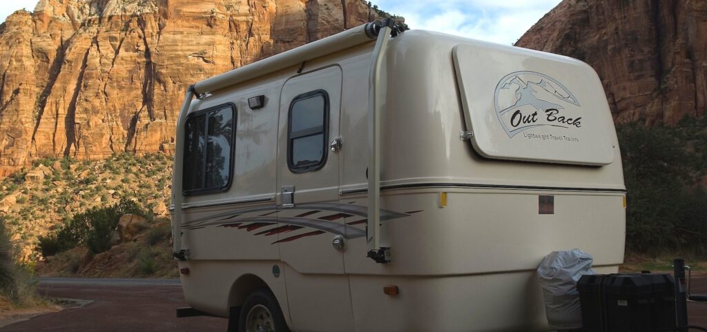 The Out Back travel trailer is a great fiberglass travel trailer. This picture shows the exterior which is tan