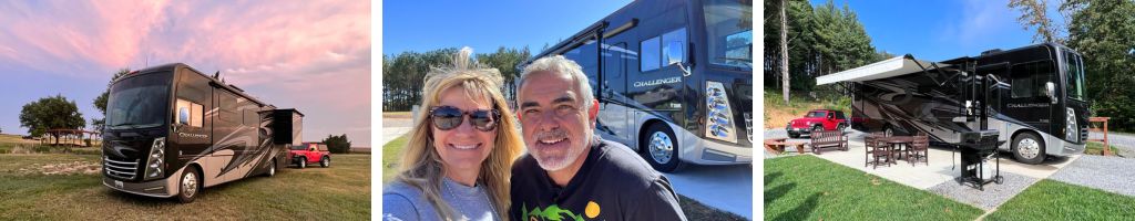 Mike and Susan from RVBlogger along with pictures of their 2021 Thor Challenger 2021 Class A RV