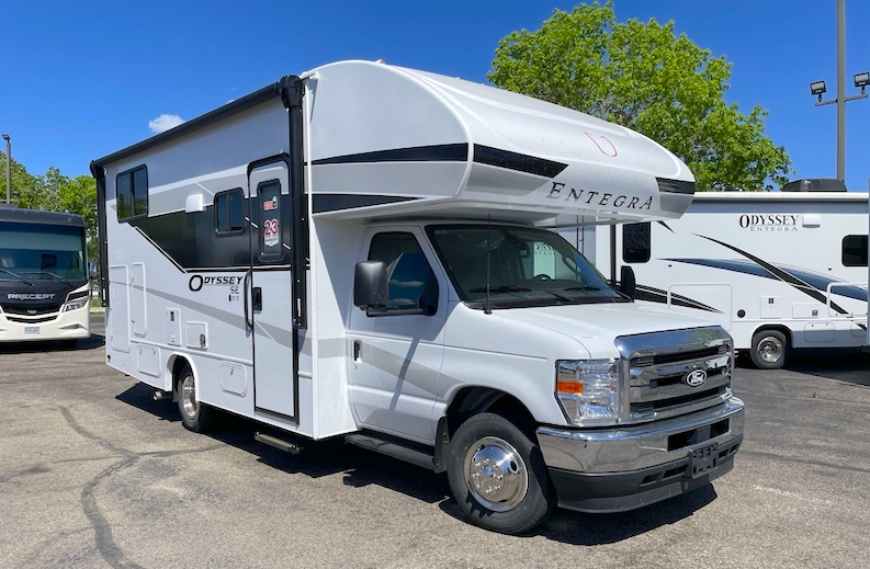 Entegra Odyssey SE 22TF Class C RV Under 25 feet long in white with a large over cab bunk