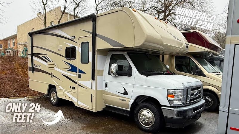Winnebago Spirit 22M Class C RV Under 25 feet tan with over cab bunk shot by RVBlogger