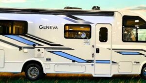 exterior picture of a Thor Geneva 24VS. White RV with blue stripes