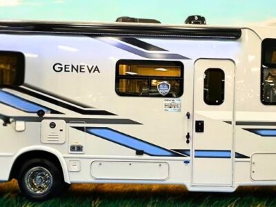 exterior picture of a Thor Geneva 24VS. White RV with blue stripes