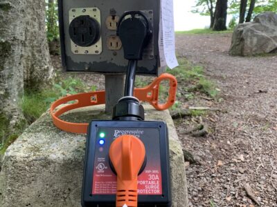 RVBlogger surge protector plugged into an electric pedestal