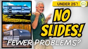 mike pointing to two travel trailers with no slides that are under 25 feet long