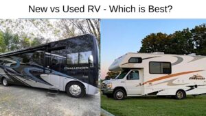 Picture of a brand new Class A RV facing a used Class C RV