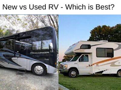 Picture of a brand new Class A RV facing a used Class C RV