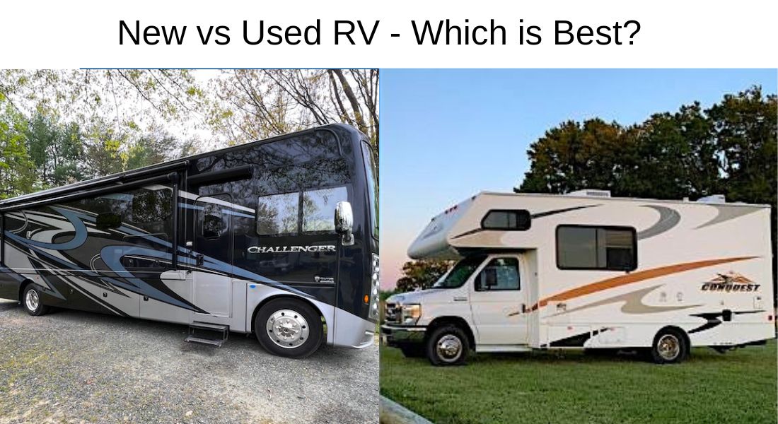 Picture of a brand new Class A RV facing a used Class C RV