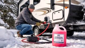 Man winterizing a travel trailer using RV anti-freeze