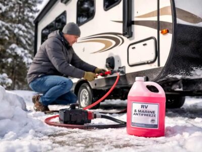 Man winterizing a travel trailer using RV anti-freeze