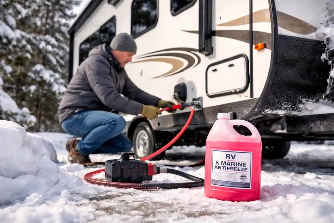 Man winterizing a travel trailer using RV anti-freeze